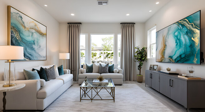 Modern Living Room with Contemporary Decor and Large Windows.