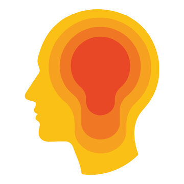Yellow human head with orange and red gradient brain inside  side view profile icon