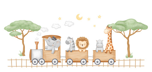 Cute train with african animals and savanna tree on isolated background. Zebra, lion and giraffe illustration in neutral colors for children © Elena