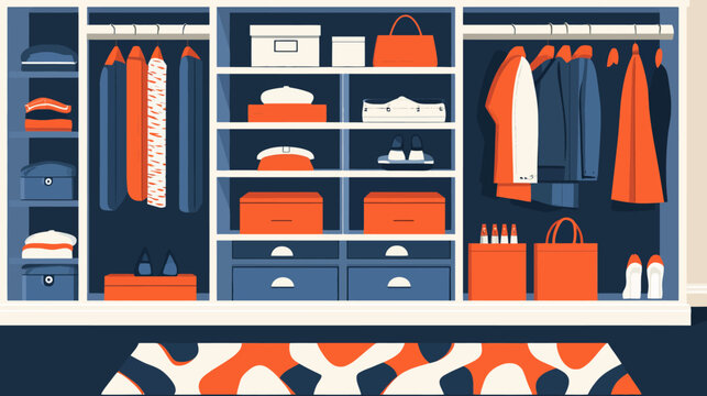 A detailed illustration of an organized wardrobe with clothes, boxes, and accessories