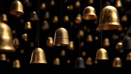 Many metallic bells suspended, some black, most gold, creating a dark ambiance