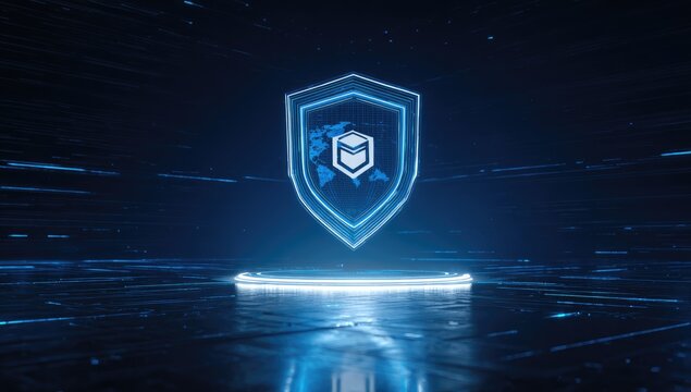 Glowing digital shield with a world map and a book inside. Blue and futuristic background