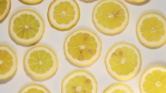 Many fresh ripe lemon slices rotating on a white background, concept of healthy food and citrus fruit
