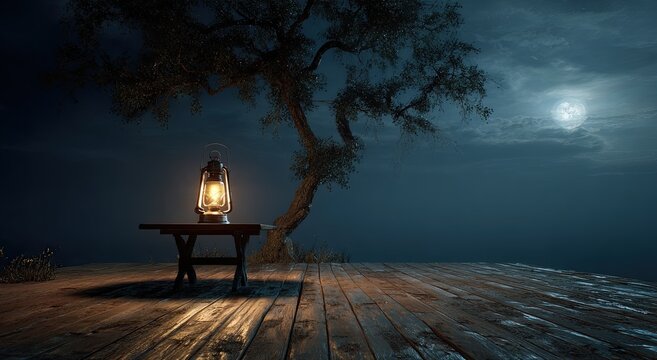 Wooden platform with lit lantern beneath a tree, illuminated by a cloudy night sky and moon