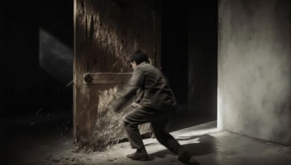 Fototapeta premium Man Breaking Through Door in Dark Room with Light.