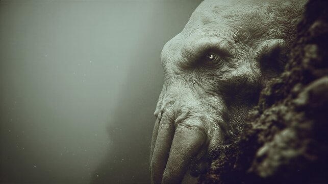 Close-up of tentacled eldritch abomination with glowing eye. Lovecraftian horror creature emerging from ancient stone. Dark fantasy monster design for scary concept art and myth illustrations