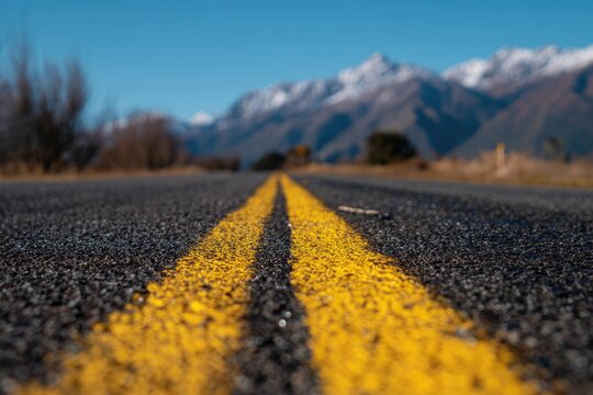 Asphalt road with yellow lines guides the eye toward distant snow-capped mountains on a clear day