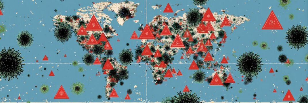 A global map with a textured background; red triangular markers overlaid; virus-like illustrations also present