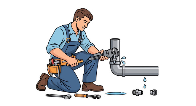 Plumber fixing leaky pipe with wrench, tools and water drops, illustration