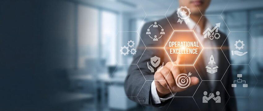 Manager pressing operational excellence interface to represent process optimization productivity quality assurance and strategic improvement goals
