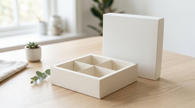Open white gift box mockup with compartments on wooden table