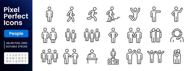 People line icons set. Person walking, running, happy man, company leader, friends hugs, team group, family minimal vector illustrations. Simple outline signs. 48x48 Pixel Perfect. Editable Stroke
