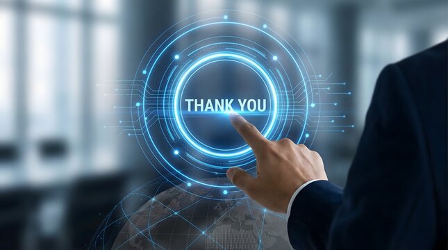 Businessman pressing thank you button on futuristic interface to express appreciation acknowledgement and customer care digitally