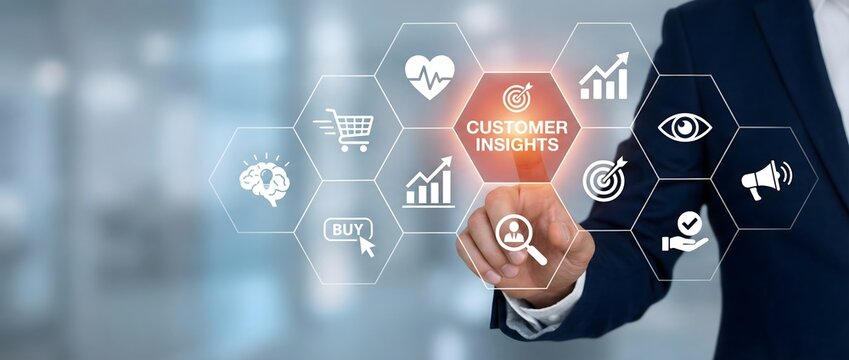 Businessman selecting customer insights on digital hexagon interface to analyze behavior needs and purchase decisions better