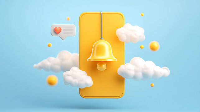 3D Bell notification with clouds. Social media communication. New message concept. Subscribe to channel. Reminder in phone app. Cartoon creative design icon. 3D Vector illustration