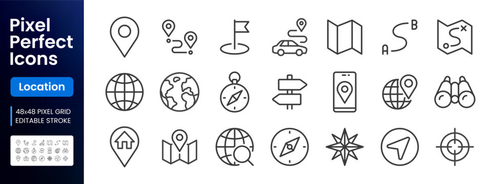 Location line icon set. Compass, travel, globe, map, geography, earth, distance, proximity minimal vector illustration. Simple outline sign for navigation app ui. 48x48 Pixel Perfect, Editable Stroke