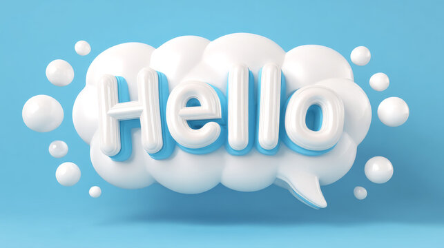 Hello speech bubble banner. White bubble message concept with text Hello. Isolated poster in cartoon design. 3D Rendering. Blue