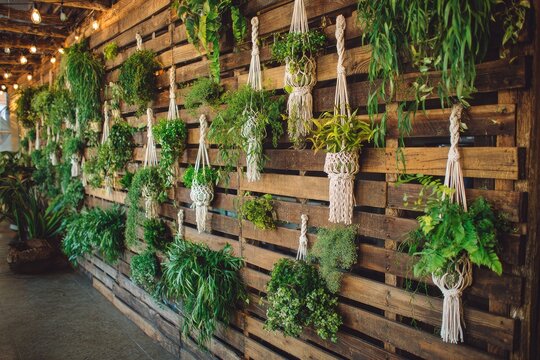 Living wall display showcasing various hanging plants and wooden pallet structure