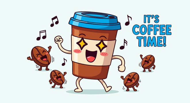 Kawaii coffee cup cartoon character with dancing coffee beans, it's coffee time text quote, cute caffeine mascot vector illustration