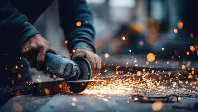 Close-up of a worker in gloves grinding metal, sparks flying. Industrial action in progress