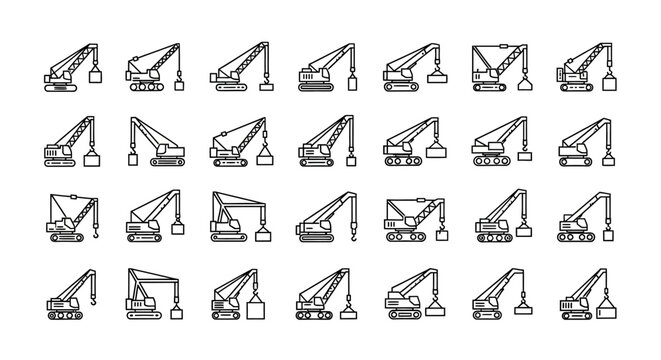 Construction Crane Icons Set: Heavy Machinery, Lifting Equipment, Industrial Vehicles