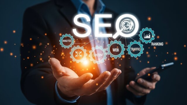 Businessman displaying seo concept with gears representing analysis, content, web traffic, and ranking.