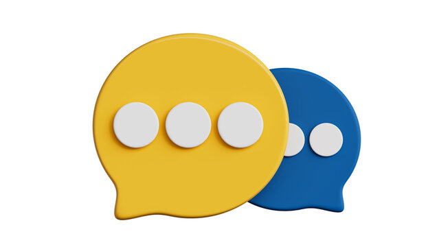 3D chat bubbles icon isolated on white background, blue and yellow speech bubbles with ellipsis, social media message notification or online support concept.