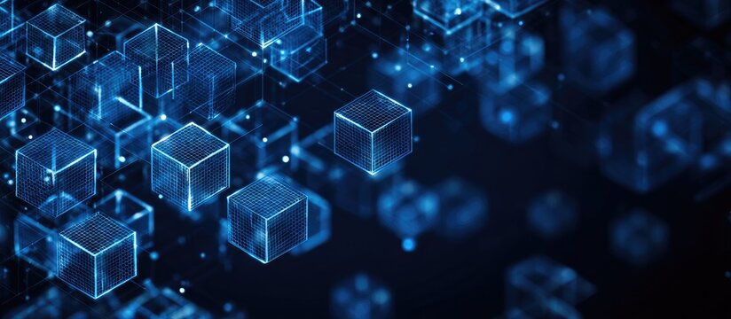 Glowing blue cubes in a digital grid with depth and blurred elements against a dark background