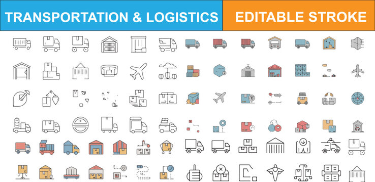Transportation and logistics icons in editable stroke style Vector Isolated white background