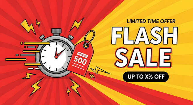 Flash Sale Alert: A dynamic and attention-grabbing design, highlighting a limited-time offer, utilizes bold typography, a stopwatch, and striking color gradients to announce a flash sale.