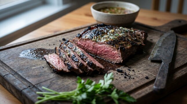 Juicy Brazilian Fraldinha Flank Steak on Rustic Carving Board
