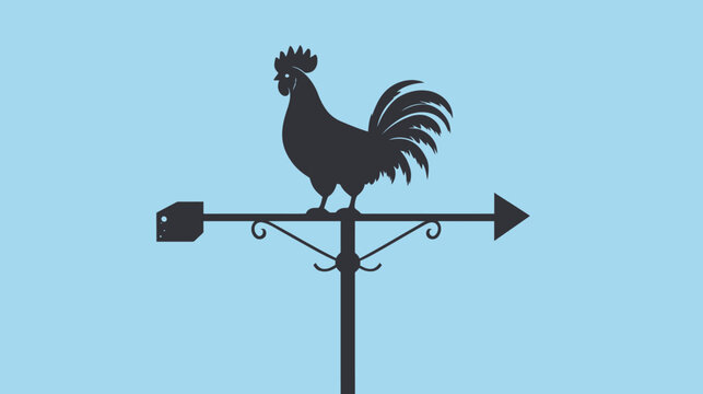 A rooster weathervane silhouette mounted on a post against a light blue background