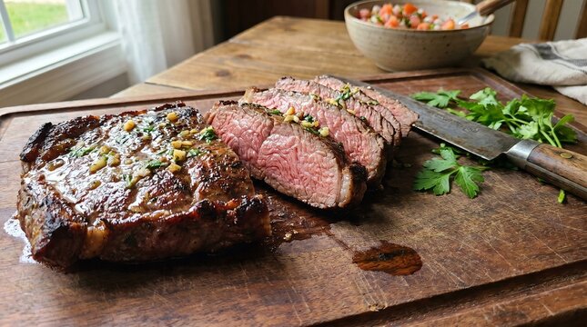 Juicy Brazilian Fraldinha Flank Steak on Rustic Carving Board