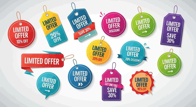 Collection of Colorful Limited Offer Sale Tags and Labels, Shopping Promotion Icons