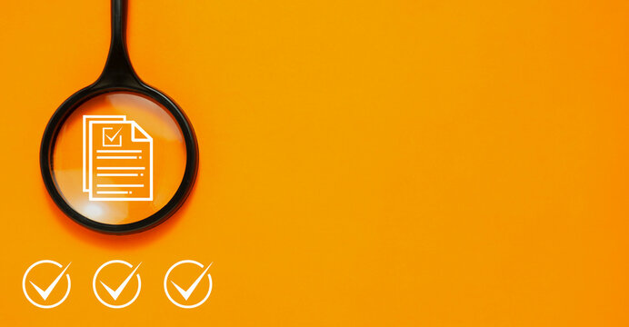 Quality control, feedback evaluation, and digital data verification workflow, Survey document checking process showing magnifying glass focusing on online checklist form.