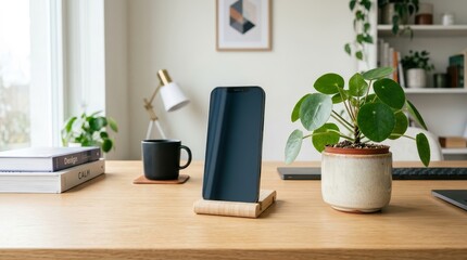 Fototapeta premium Smartphone mockup with plant on wooden desk stand