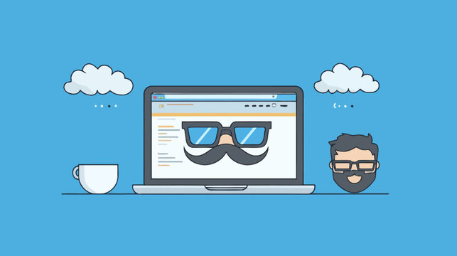 Cartoon illustration of a laptop showing glasses and mustache on the screen, with a person and coffee