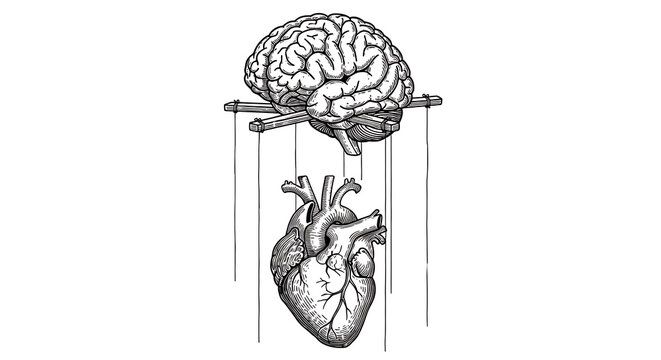 Conceptual illustration of the brain as a puppeteer delicately controlling the human heart with strings, symbolizing the mind's profound influence over emotions and internal decision-making