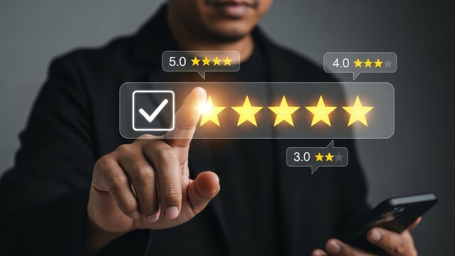 Customer touching a transparent screen to leave a five-star review and checking a box for positive feedback.