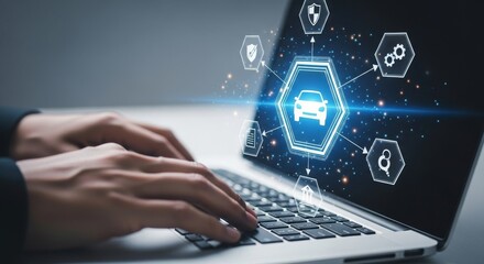 Obraz premium Professional using laptop with cybersecurity and car insurance digital icons