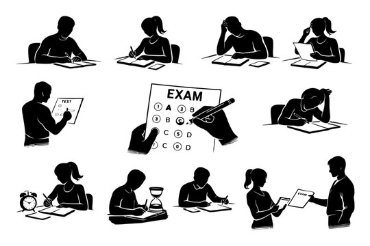 Silhouettes of students taking exams in various classroom settings.