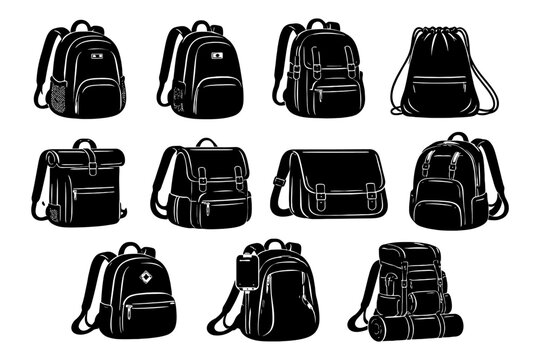 Collection of various backpack illustrations in black and white design.
