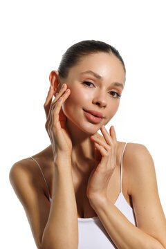 Portrait beautiful young woman with clean fresh skin. Cosmetology, beauty and spa