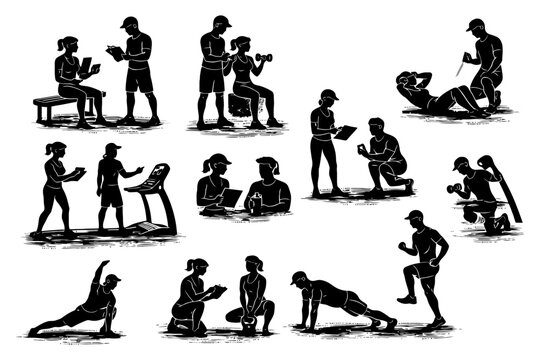 Silhouette workout scenes with trainers and clients in various fitness exercises.