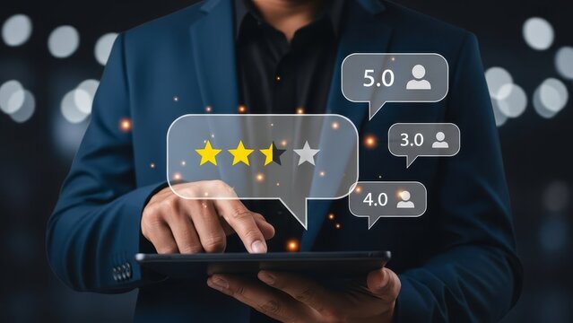 Man reviews feedback on a tablet, with speech bubbles showing varying star ratings and user comments for evaluation.