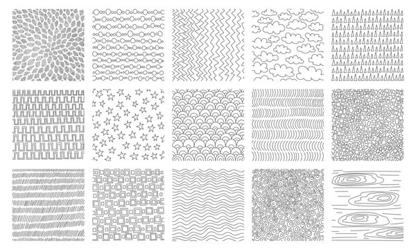 Hand-drawn crosshatch patterns with organic line textures vector illustration set. Sketch-style hatching creates depth through pencil strokes, perfect for artistic backgrounds and crosshatch designs.