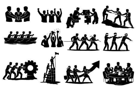 Silhouettes of teamwork and collaboration activities and concepts.