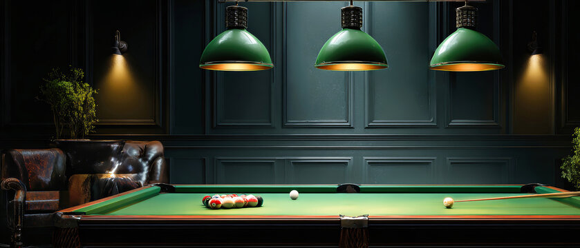 A classic green pool table is set in a dimly lit room, showcasing white balls and cue sticks, surrounded by warm lighting and elegant furnishings