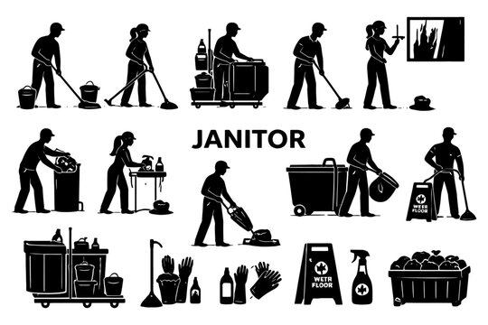 Silhouettes of janitors cleaning with equipment and tools.