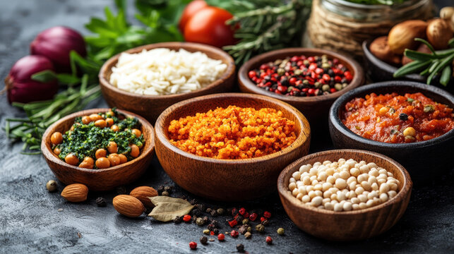 Variety of spices and grains spread on a kitchen table with bowls and fresh ingredients in a cooking setup